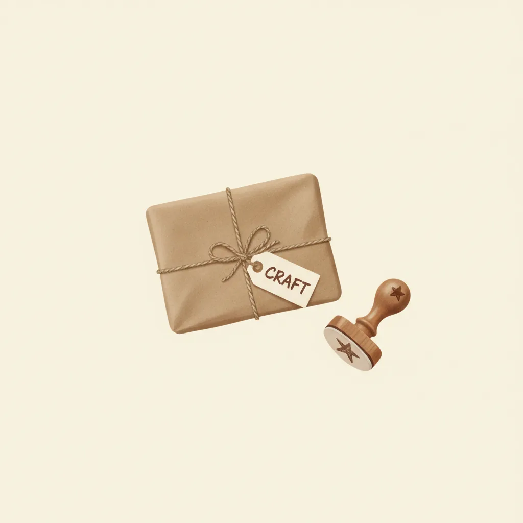 Un colis artisanal ficelé sur un établi en bois, étiquette manuscrite ornée d'une étoile et tampon encreur à côté, symbole de la première vente prête à expédier