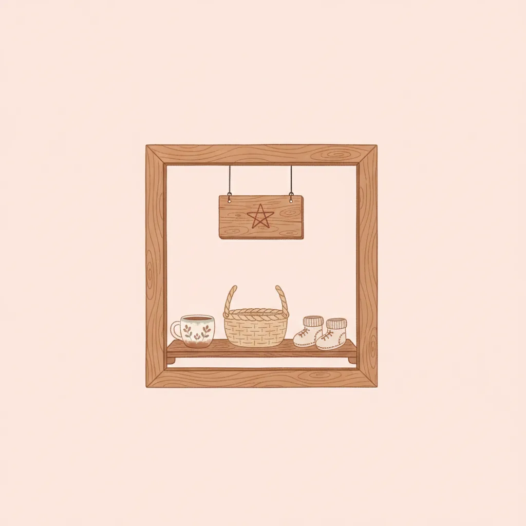 Vitrine en bois vue de face avec des objets artisanaux exposés et une pancarte à étoile, symbole d'une boutique tout juste publiée